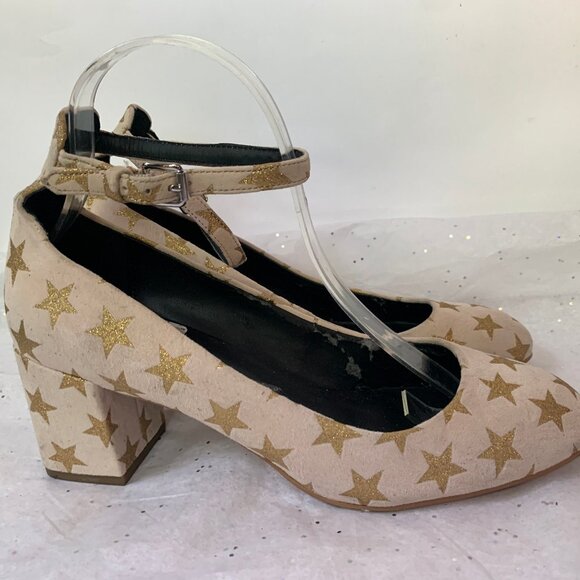 Rebecca Minkoff Bridget Gold Star print Suede Ankle strap Block Heels - Sz 8